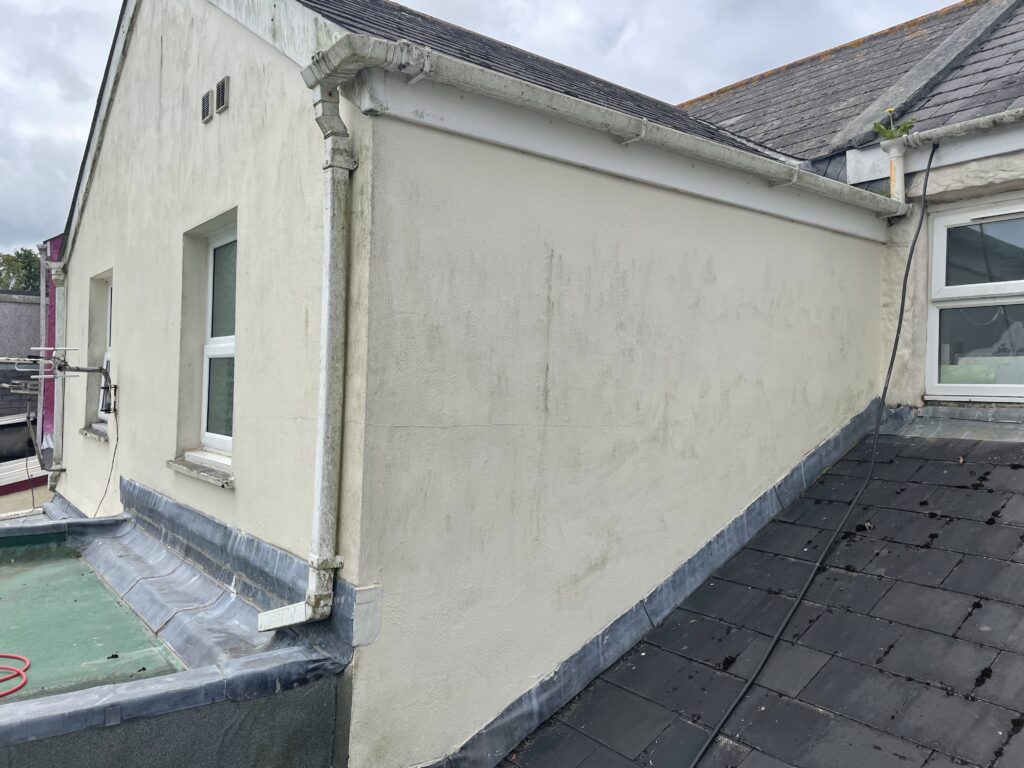 Gable end of a property clean before softwash treatment.