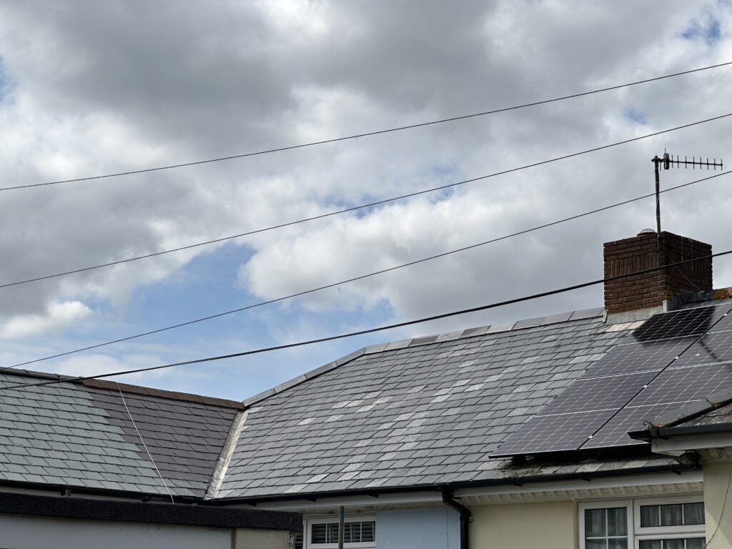 Corner of a roof after pressure washing